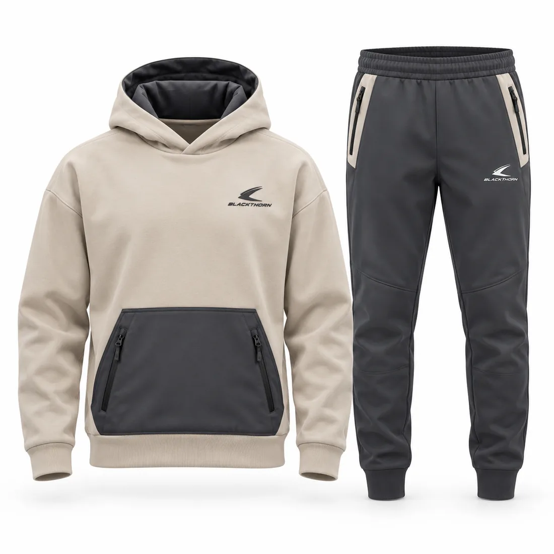 Oatmeal Hooded Fleece Après Set — custom fleece hoodie and joggers set in oatmeal and charcoal, made to order by Blackthorn World