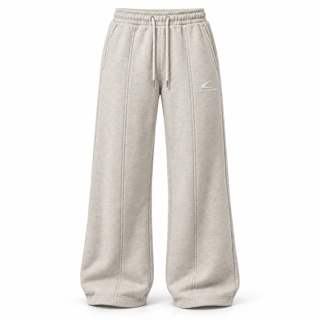 Oatmeal heather wide-leg embroidered sweatpants with front leg seam detail, front view