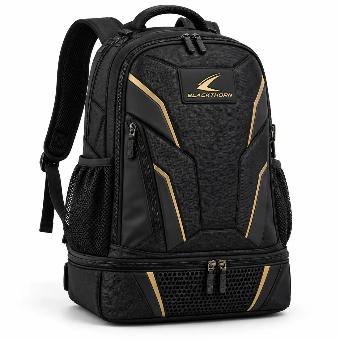 Black fight gym backpack with gold angular accents, gold logo patch, side mesh pockets and vented lower glove compartment
