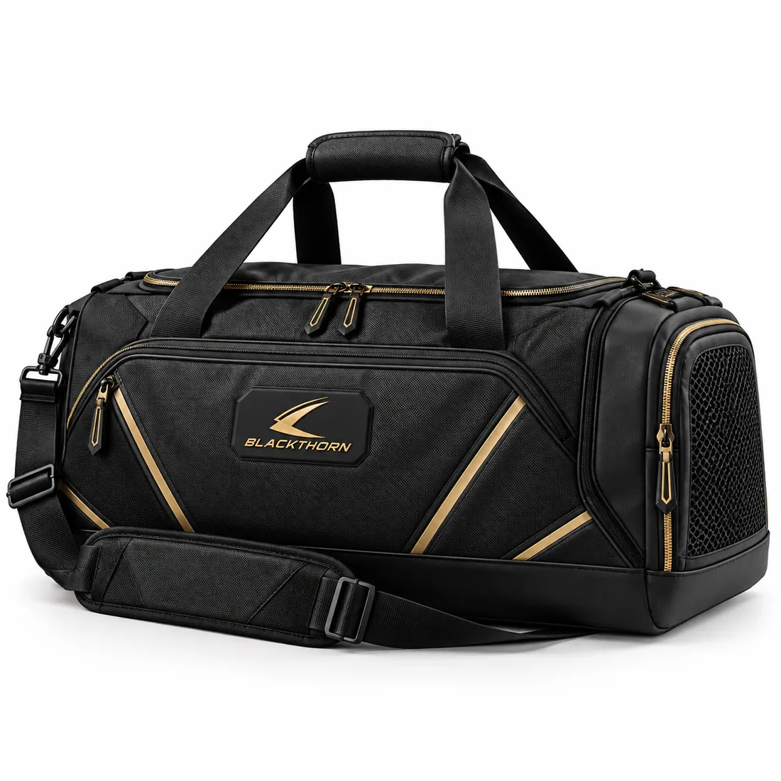 Black boxing duffle bag with gold angular accents, gold zip trim, logo patch, mesh end pocket and padded shoulder strap
