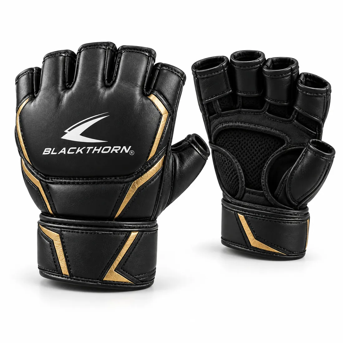 Black grappling gloves with gold angular trim, slim backhand padding, open fingers, free thumbs and white Blackthorn logo