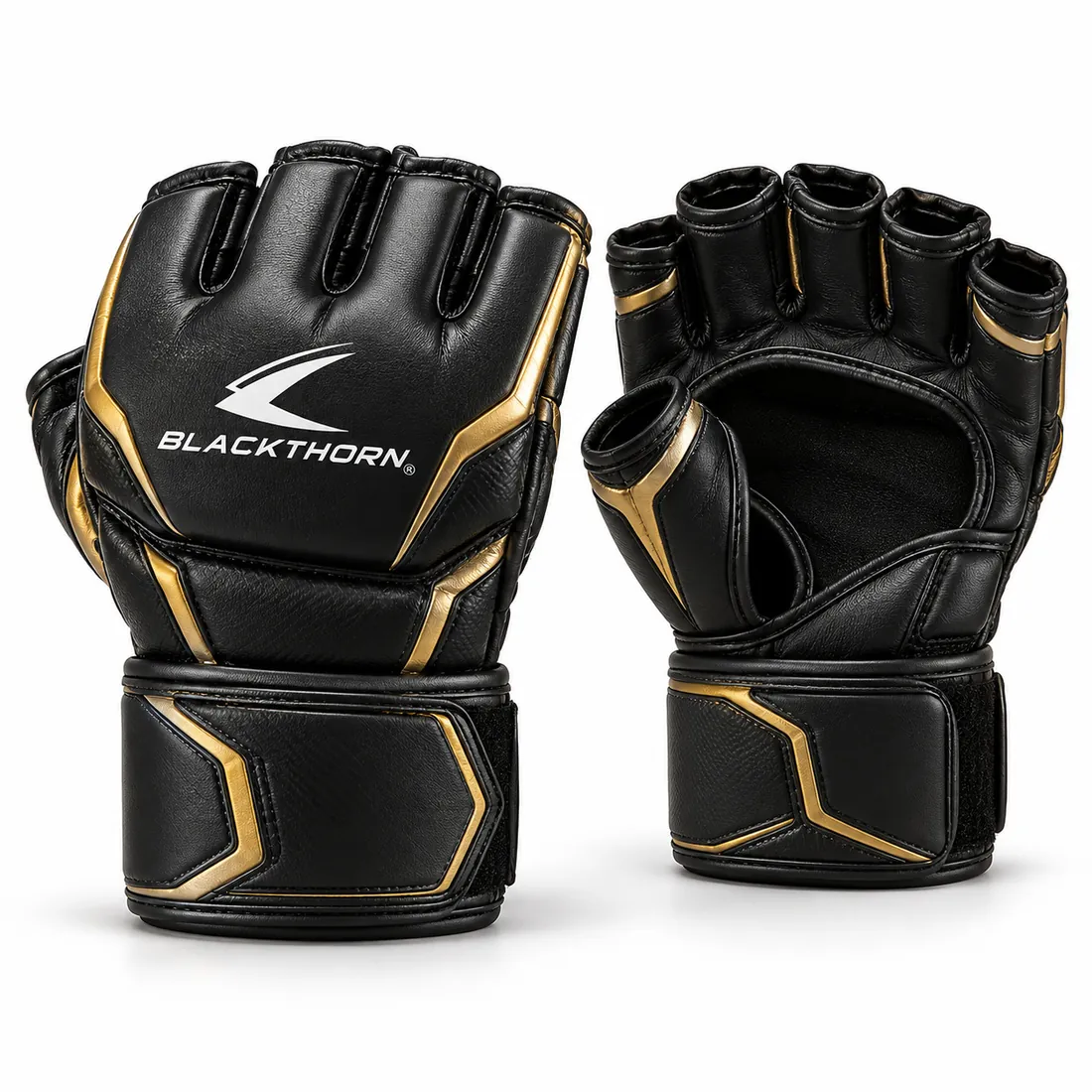 Black MMA gloves with metallic gold angular accents, open fingers, padded knuckles and white Blackthorn logo on backhand