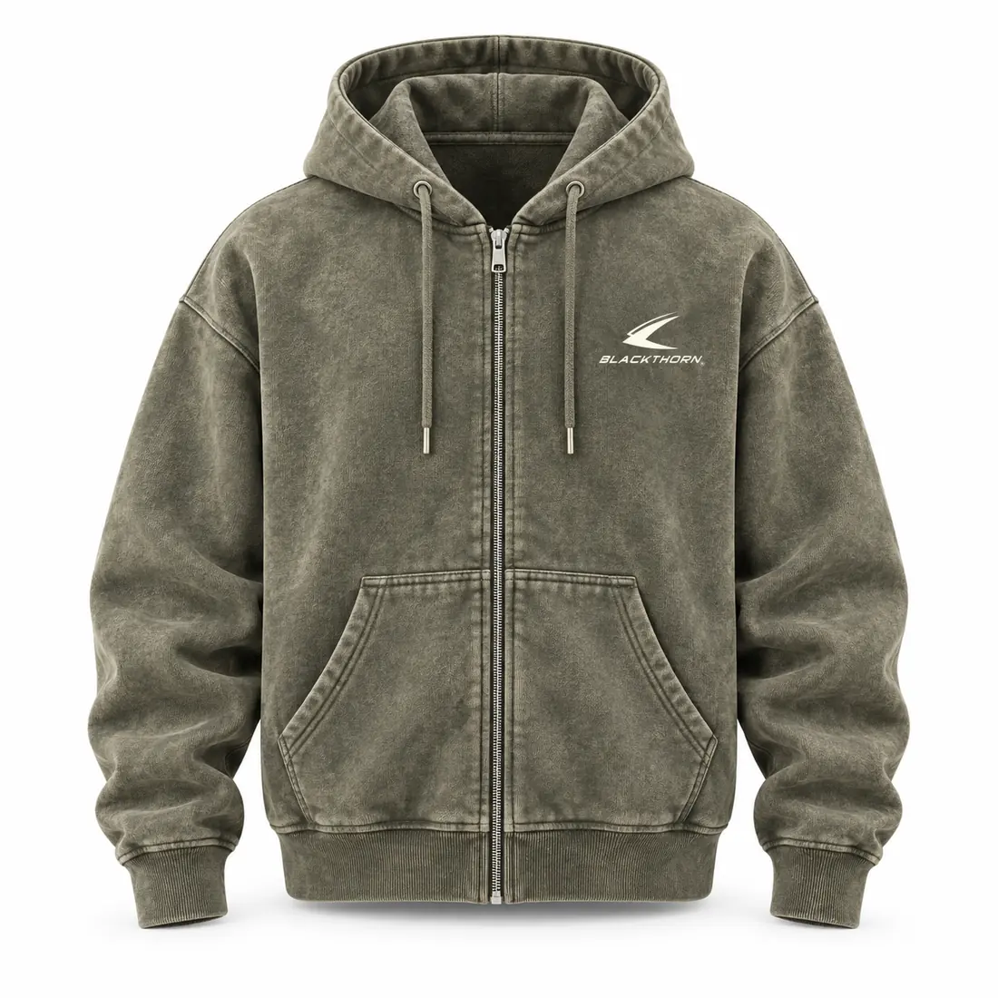 Olive acid-wash full-zip hoodie with mottled mineral texture, front view