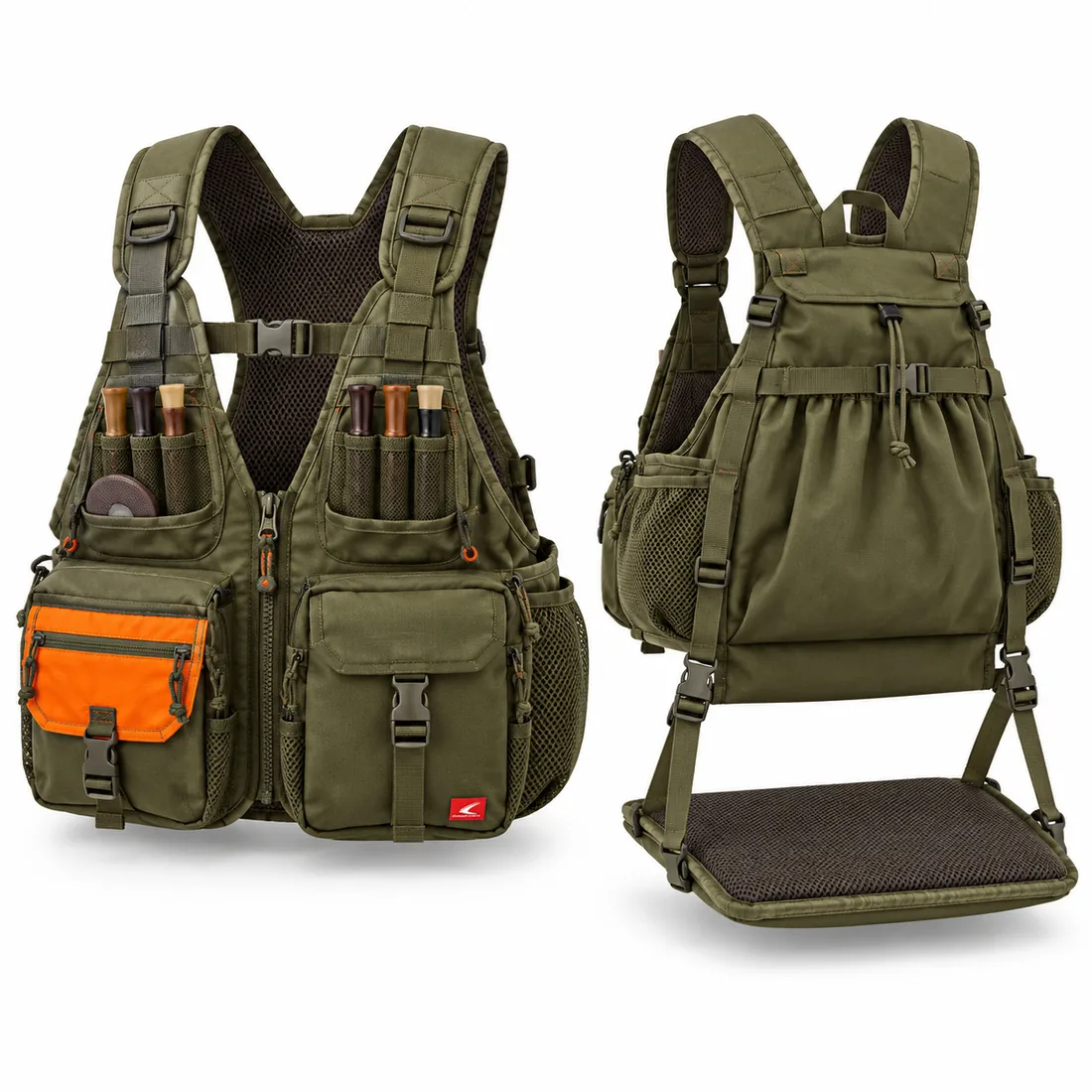Olive turkey vest with blaze orange safety flag pocket and drop-down seat cushion