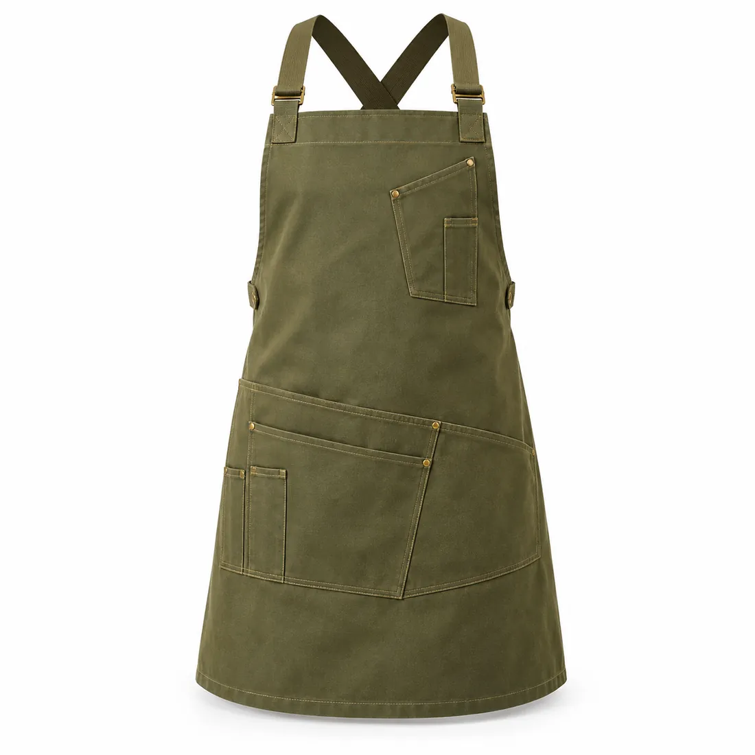 Olive green canvas cross-back work apron with tool pockets, wholesale by Blackthorn World