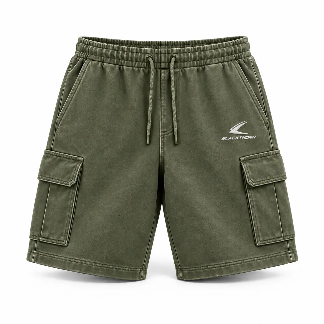 Washed olive cargo sweat shorts with flap leg pockets and tonal embroidered logo, front view