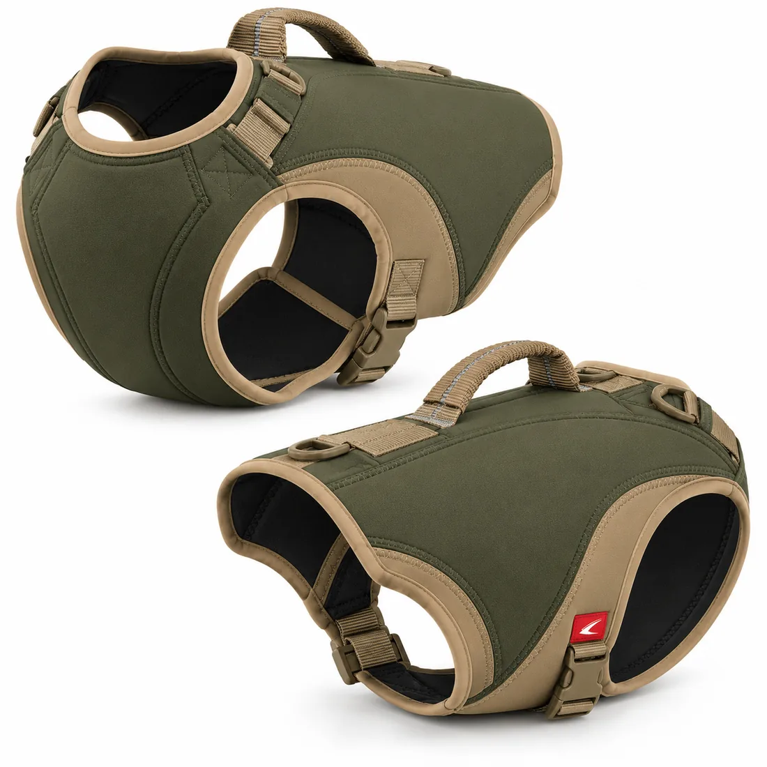 Olive 5 mm neoprene retriever dog vest with tan binding and back grab handle