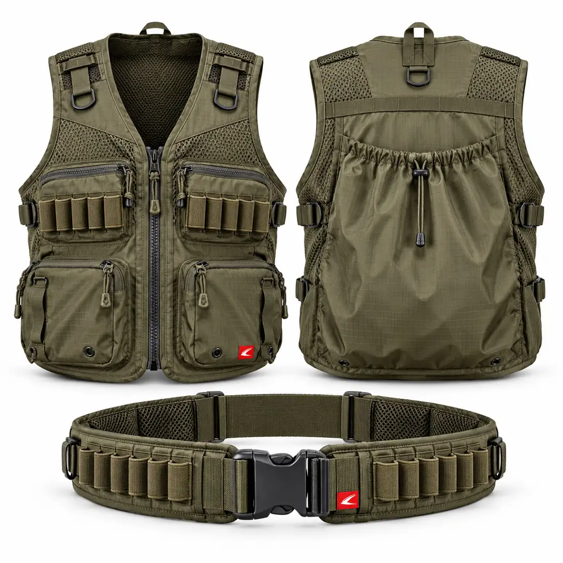 Olive shell vest with rear pouch and mesh back plus olive wader belt with shell holders