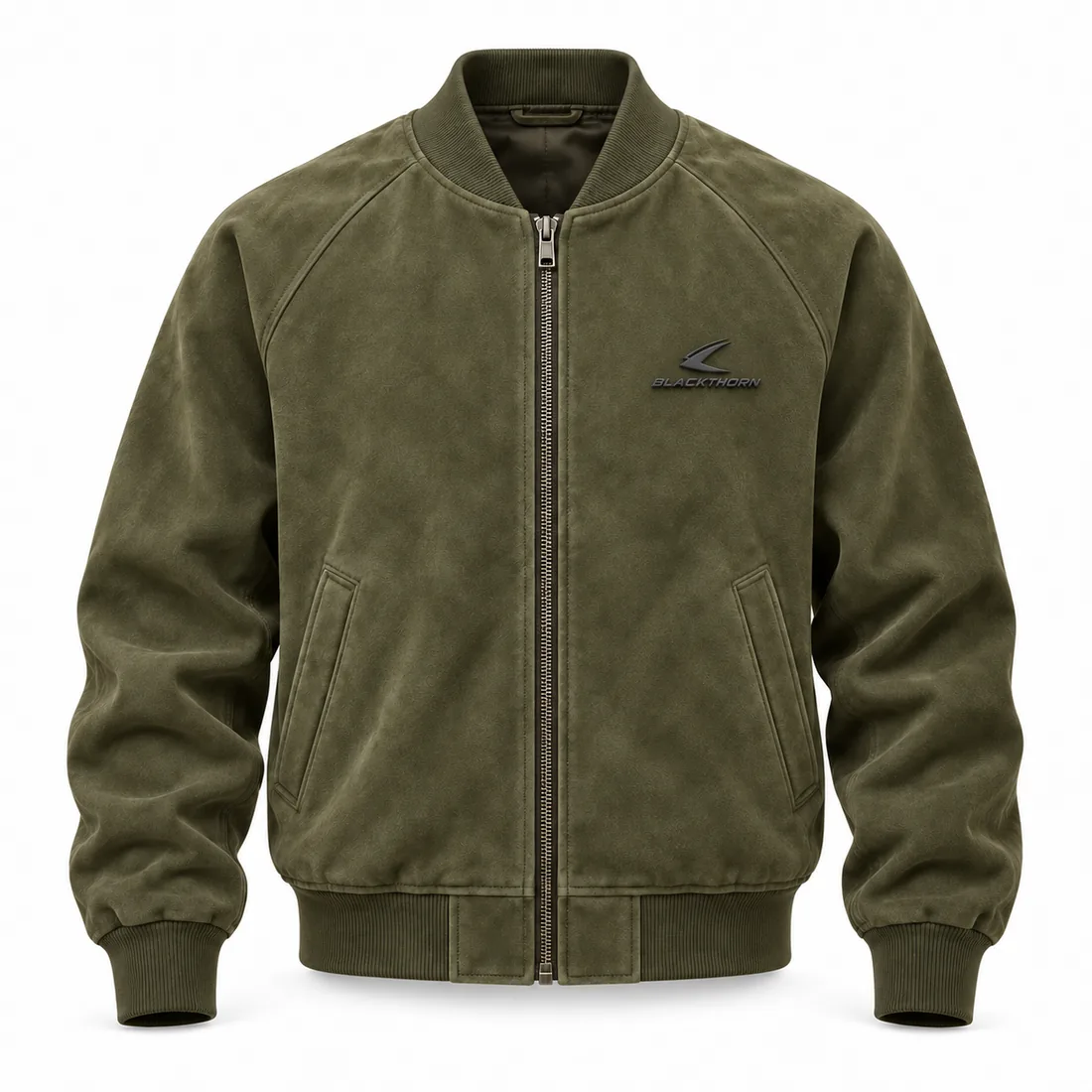 Olive micro-suede raglan bomber jacket with rib trims and TPR gym logo badge, front view