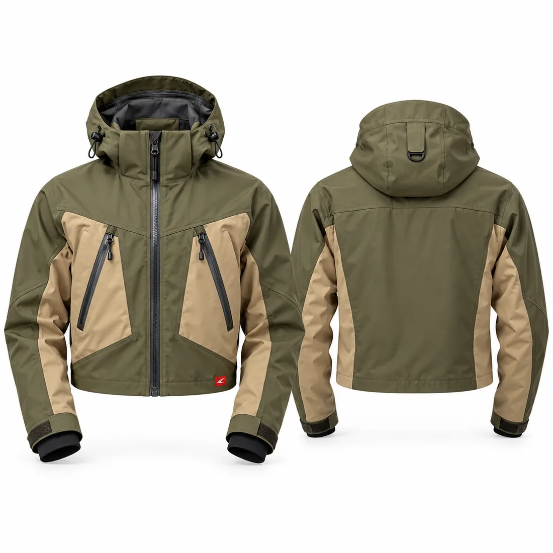 Olive wader jacket with tan side panels and high chest zips, front view