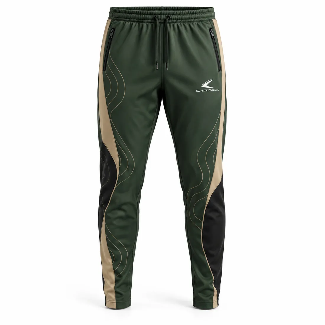 Olive green and sand topographic tapered coach training trousers with zip pockets, front view