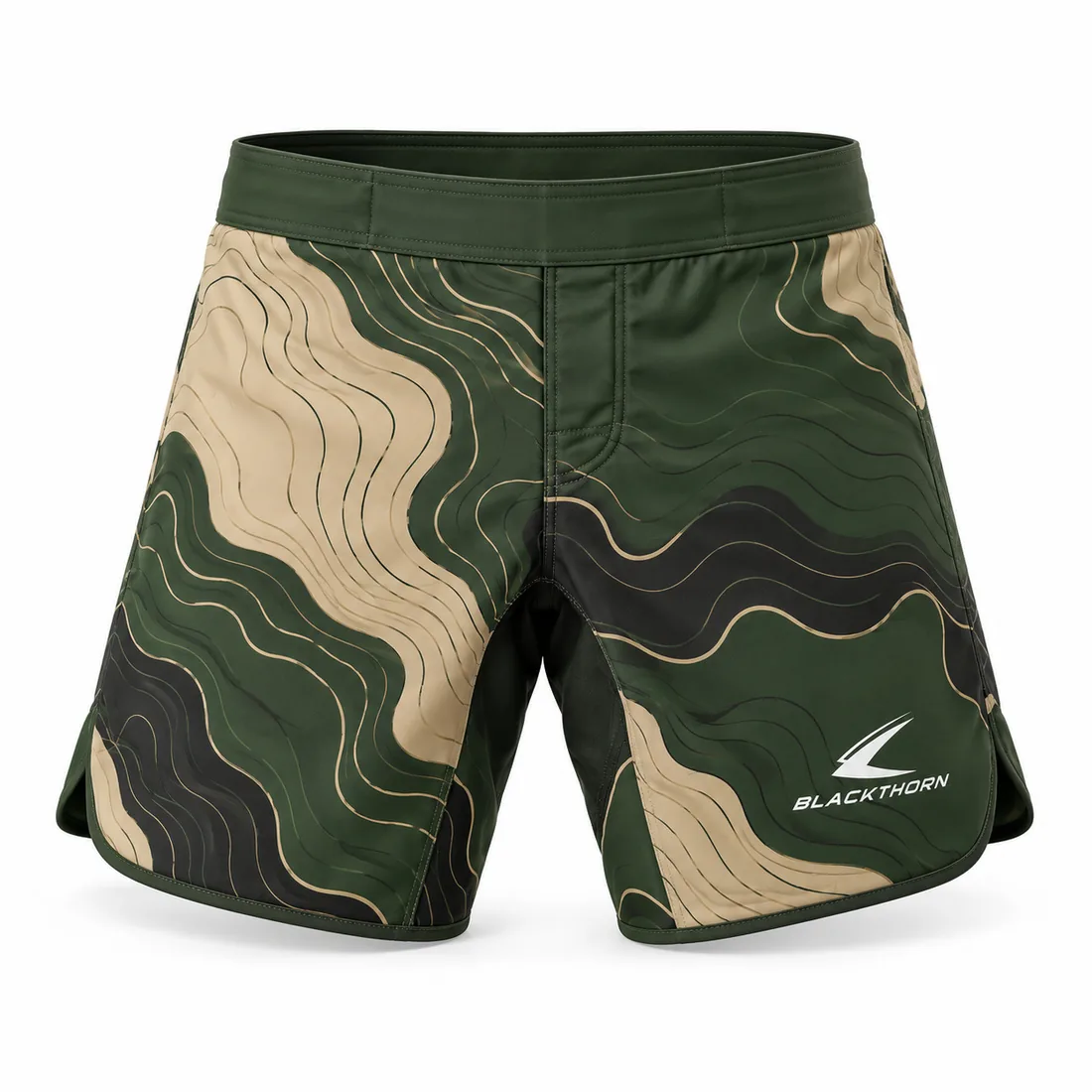 Olive green and sand MMA fight shorts with topographic contour lines and side splits