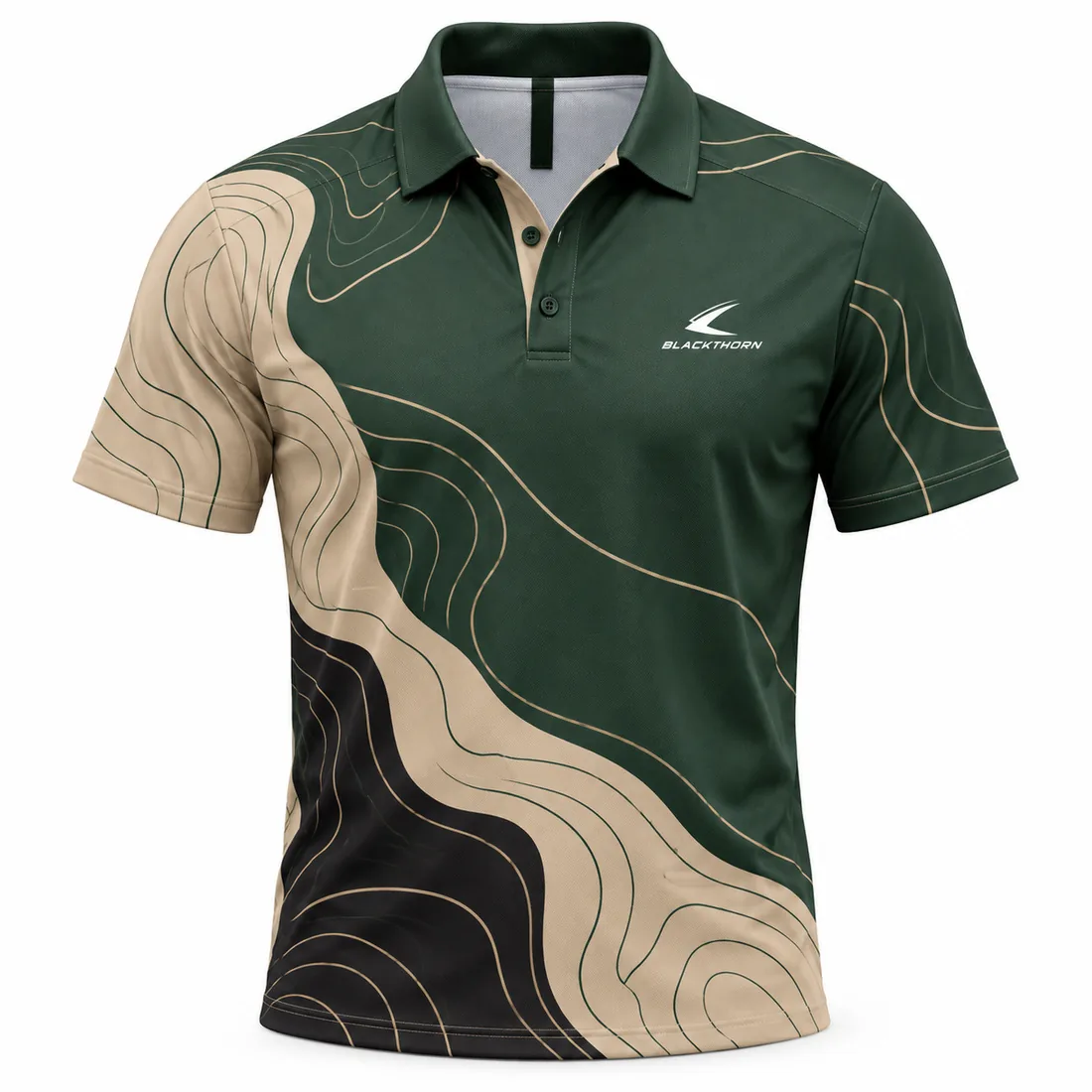 Olive green and sand sublimated padel polo with topographic contour lines, team store front view