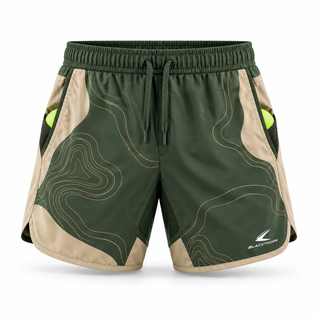 Olive green and sand padel shorts with topographic contour lines and side ball pockets