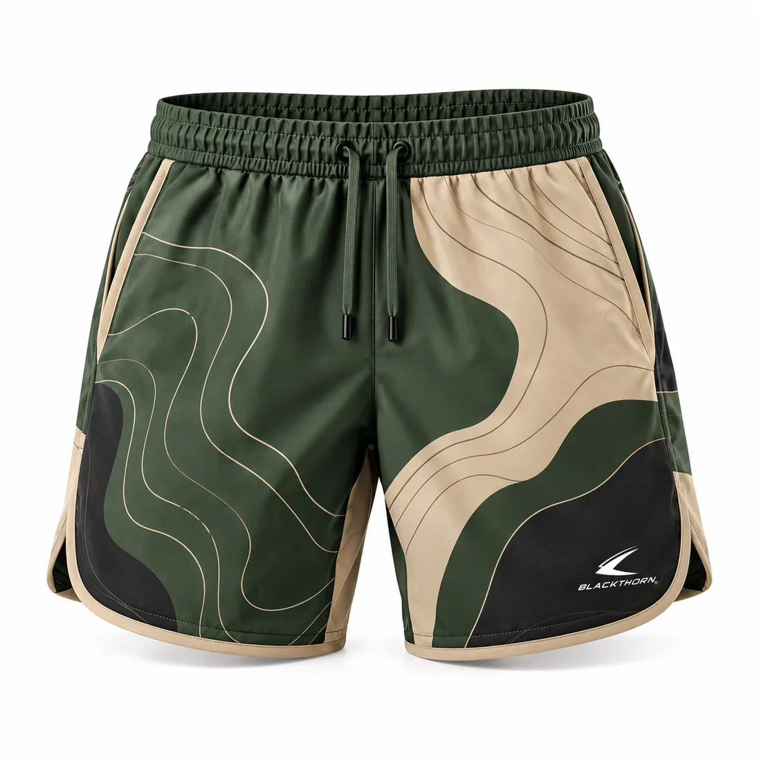 Olive green and sand pickleball shorts with topographic contour lines and deep ball pocket