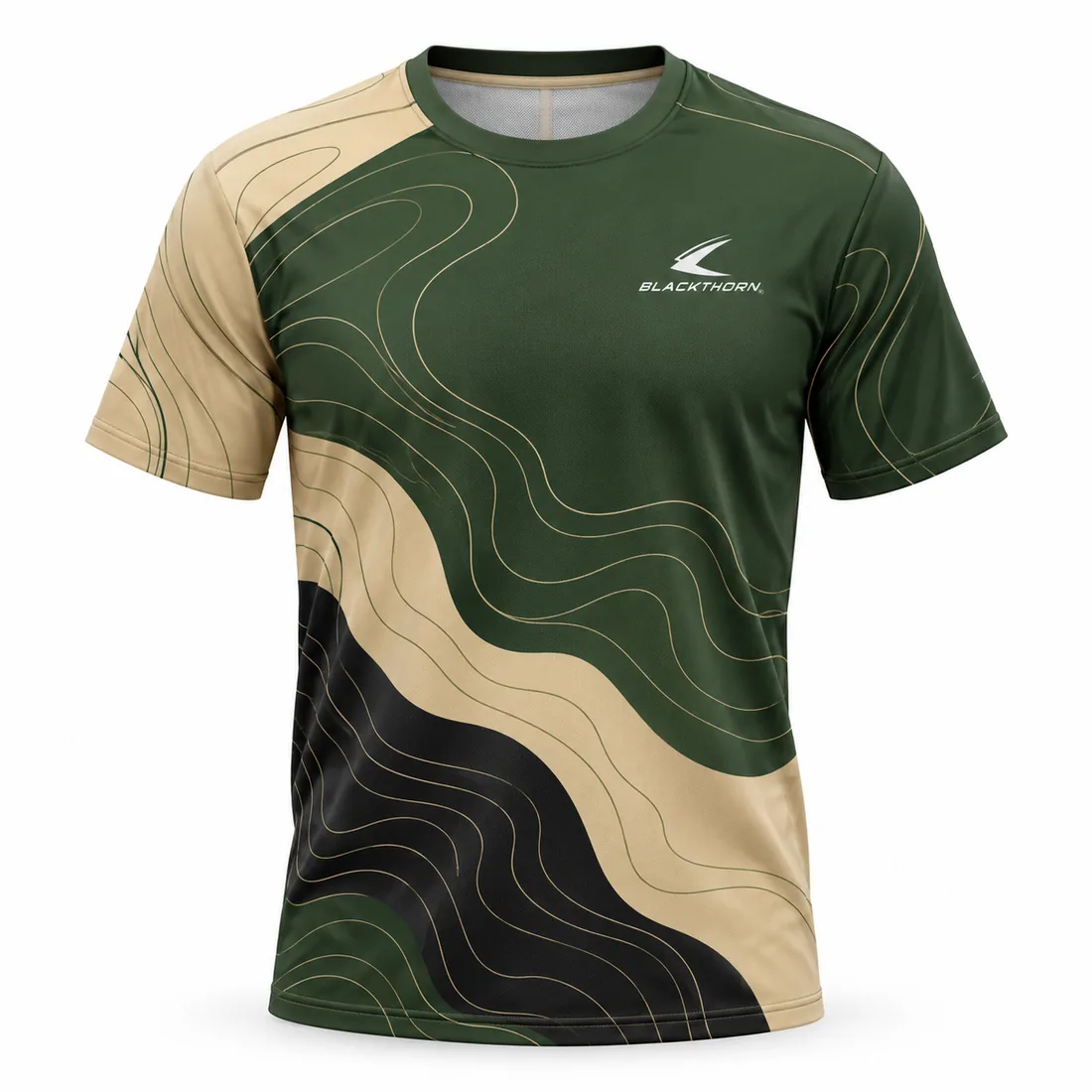 Olive green and sand pickleball tournament jersey with topographic contour lines, crew neck, front view