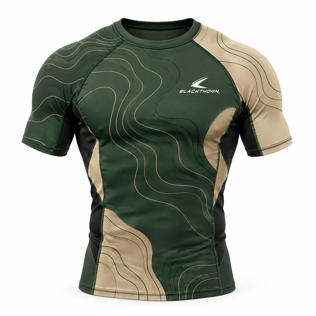 Olive green and sand short-sleeve youth rash guard with topographic contour lines, front view
