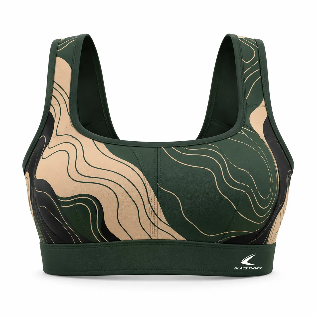 Olive green and sand sports bra with topographic contour lines, sublimated promotional design