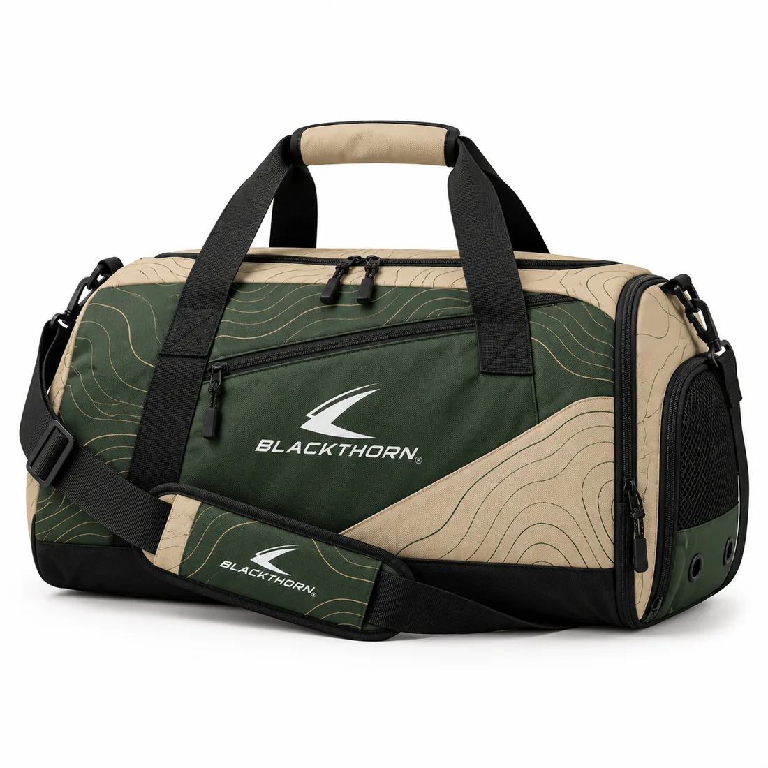 Olive green and sand duffel bag with topographic contour print, mesh shoe pocket and padded strap for team stores
