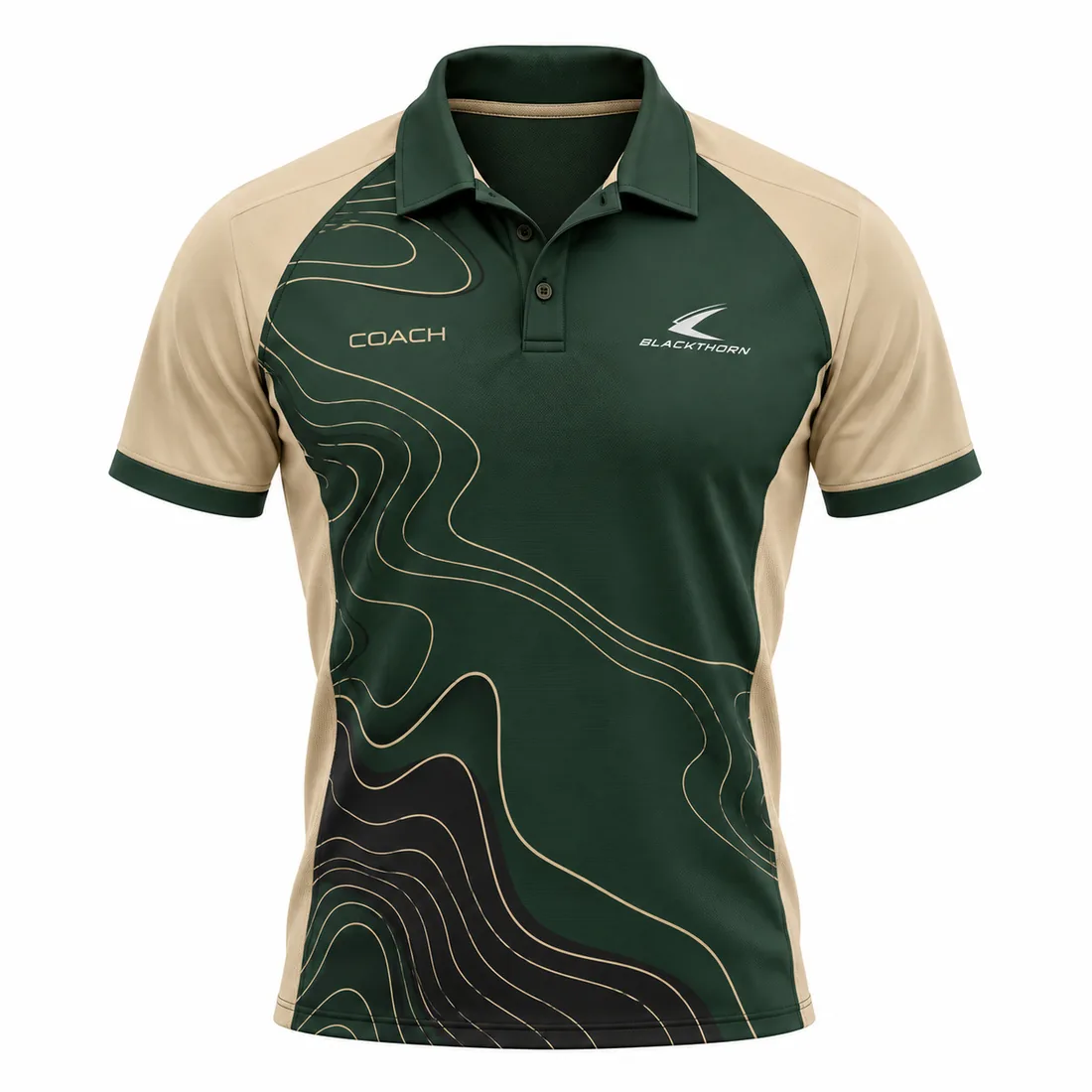 Olive green and sand topographic sublimated coach polo with COACH chest print, front view
