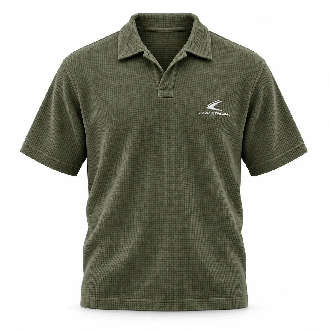 Olive waffle-knit polo with open johnny collar and tonal embroidered logo, front view