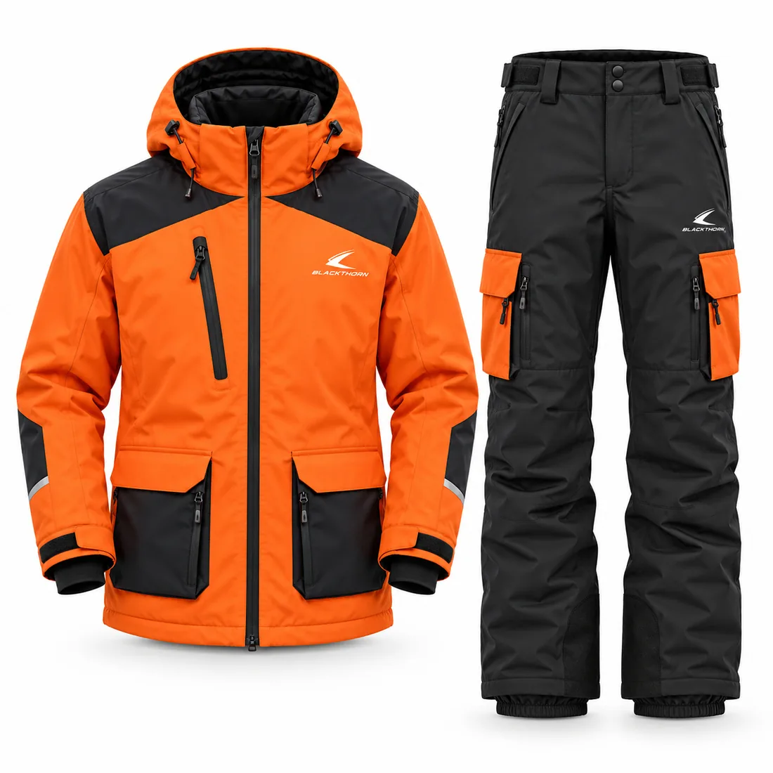 Orange Black Snowboard Staff Uniform — custom snowboard instructor jacket and pants in orange and black, made to order by Blackthorn World
