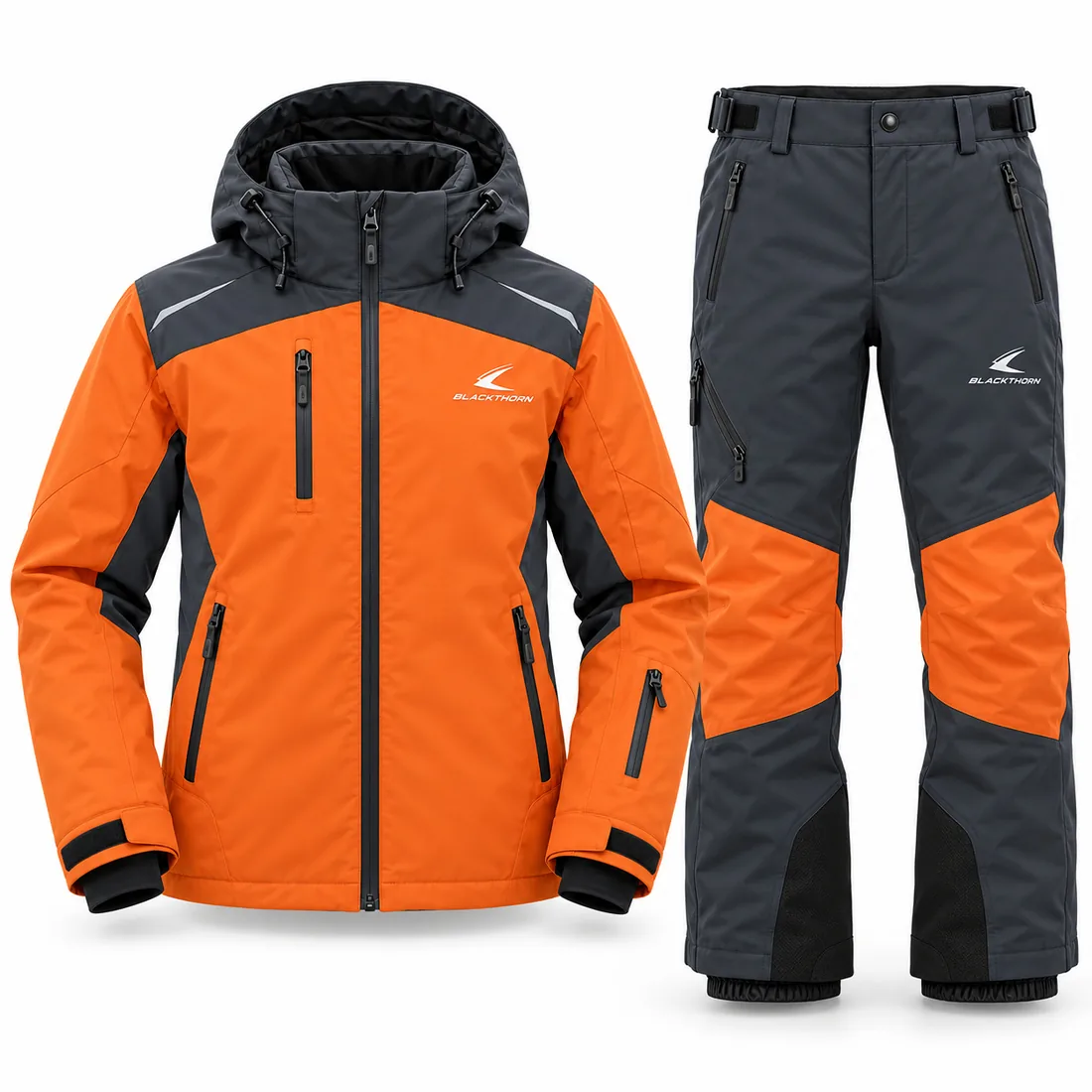 Orange Graphite Youth Ski Set — custom youth ski jacket and pants set in orange and graphite, made to order by Blackthorn World