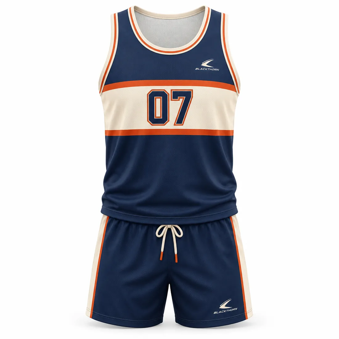 Orange and navy retro beach volleyball tanks with cream and orange chest stripes, drawcord shorts and number 07