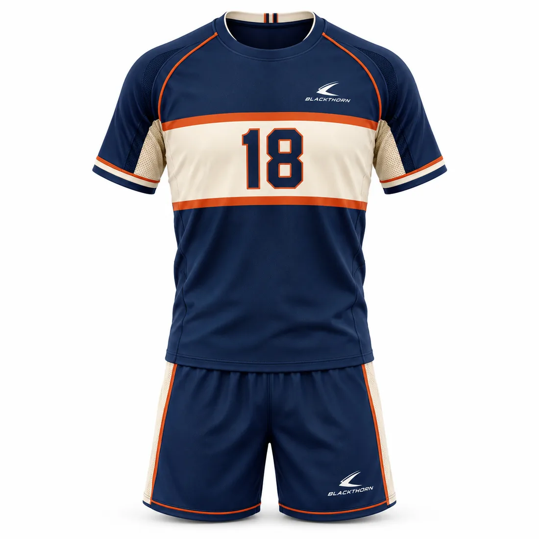 Retro handball jersey and shorts with cream and orange chest stripes on orange and navy, number 18, wholesale kit