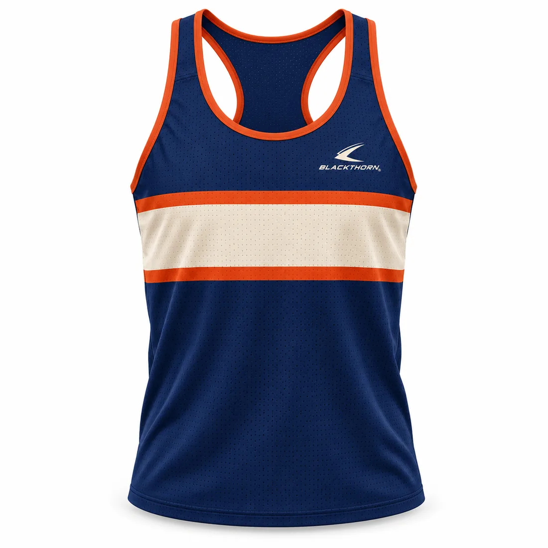 Women's retro running singlet with cream and orange chest stripes in orange and navy, wholesale running vest