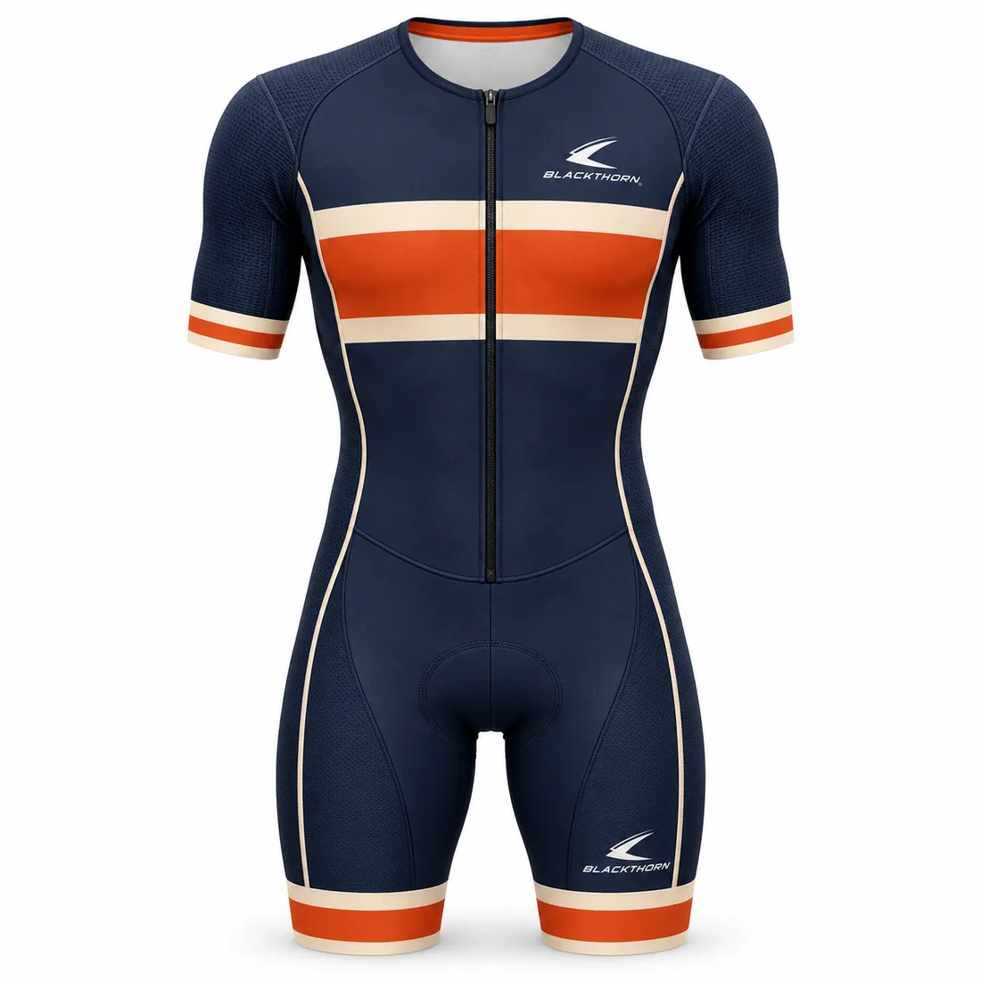 Short-sleeve triathlon suit with orange base and cream and orange retro chest stripes, front zip