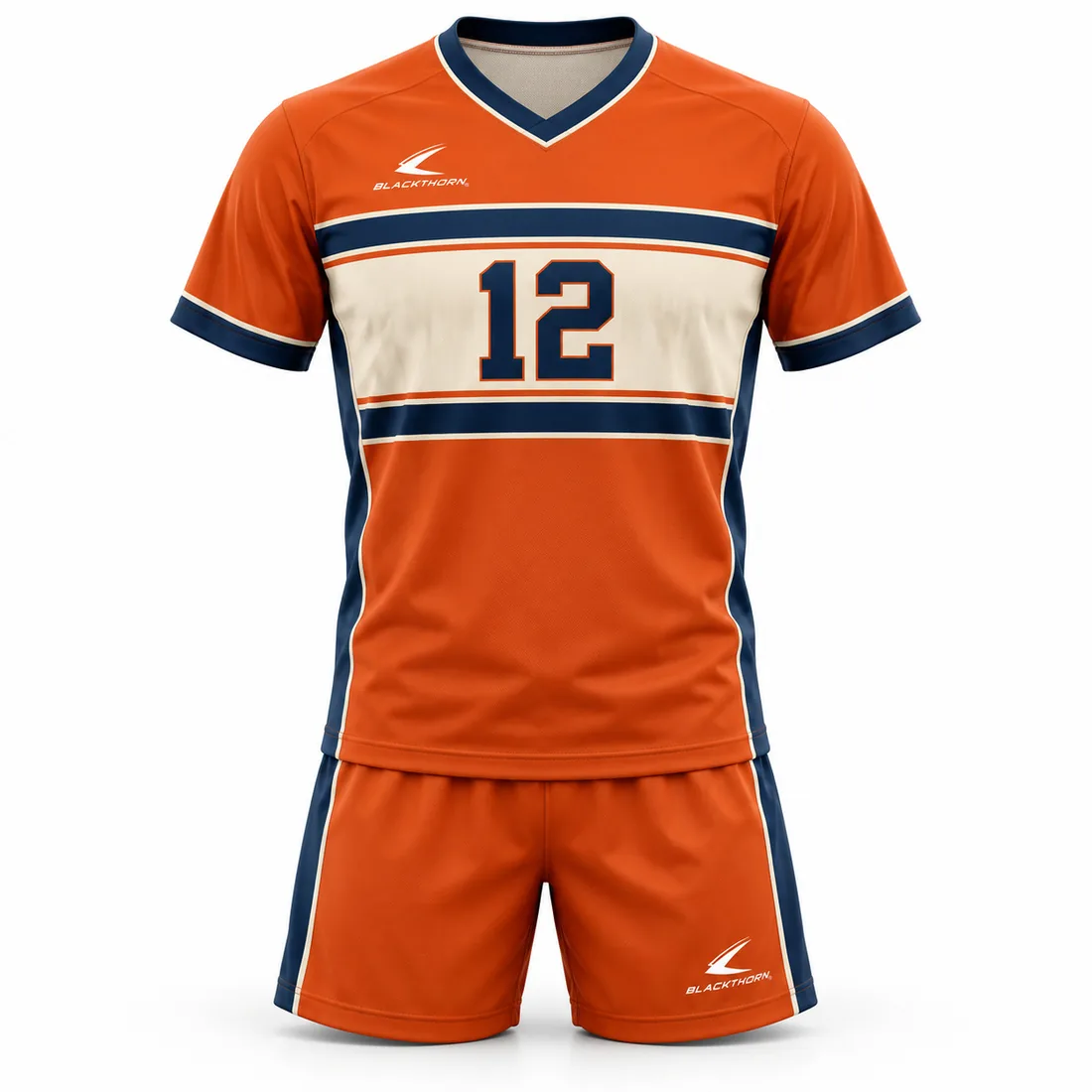 Orange and navy retro V-neck volleyball jerseys with cream and orange chest stripes, matching shorts and number 12
