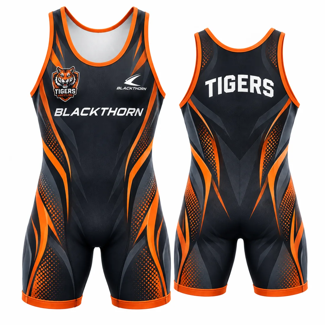 Orange Velocity custom sublimated wrestling singlet, black and orange, shown as the Tigers — front and back