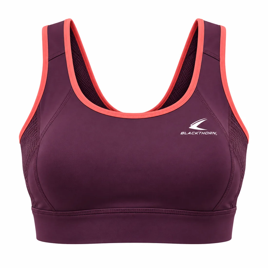 Plum fitness racing sports bra with coral binding and mesh side panels, front view