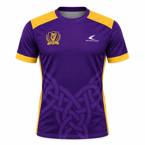 Purple Gold Celtic custom sublimated GAA jersey, purple and gold — front view