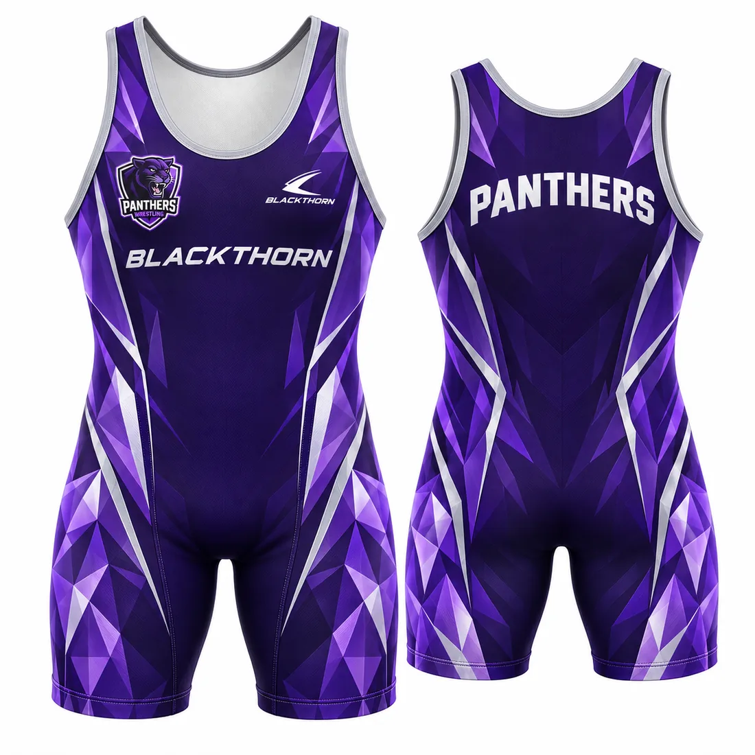 Purple Prism custom sublimated wrestling singlet, purple and silver, shown as the Panthers — front and back