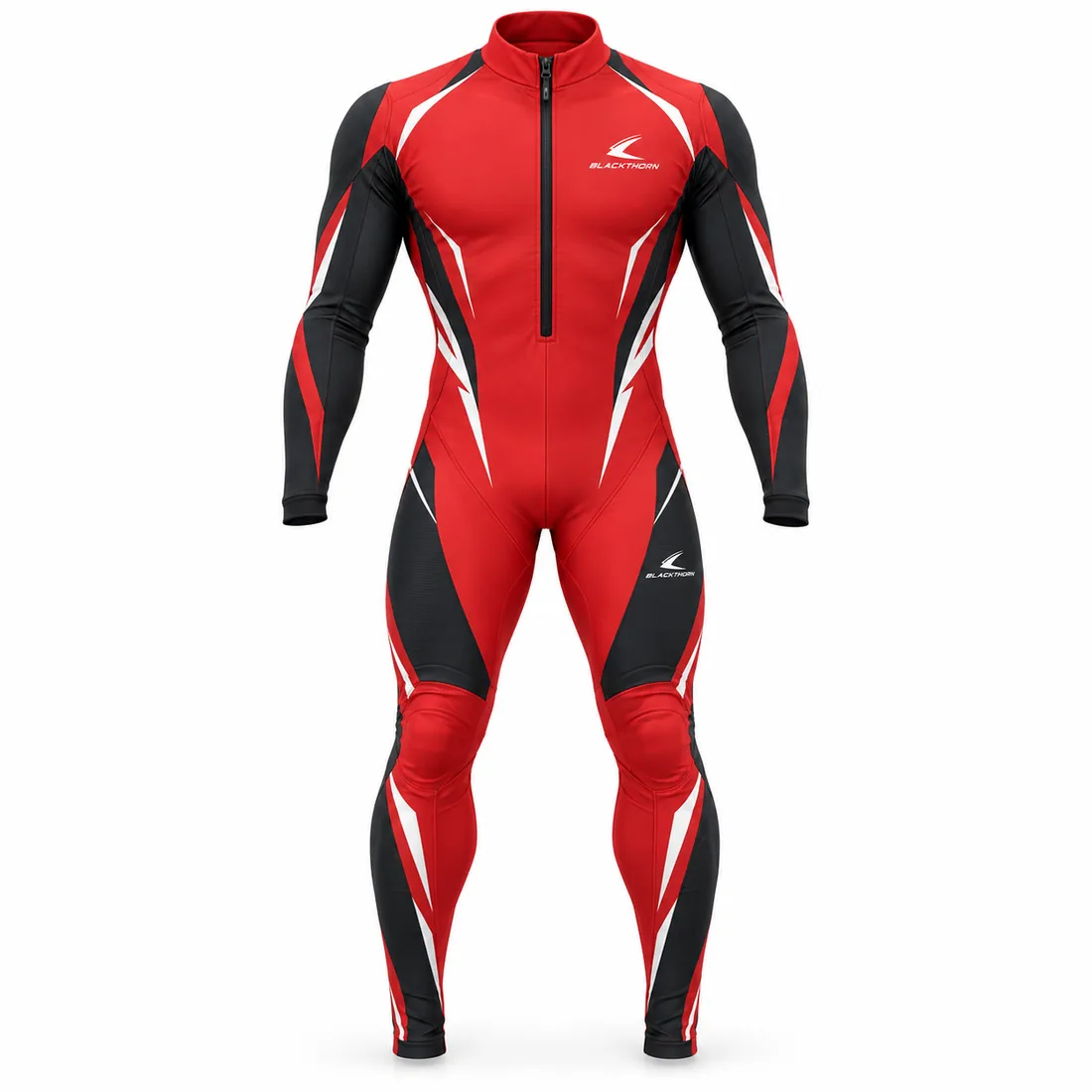 Red Black Ski Race Suit — custom one-piece ski race suit in red, black and white, made to order by Blackthorn World