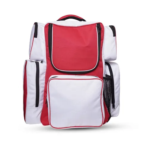 Red & White Multi-Pocket Team Sports Backpack — wholesale bag by Blackthorn World