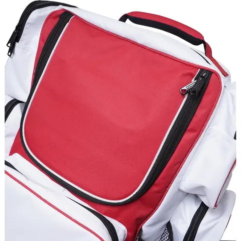 Top zipped front pocket with piping on the red and white team backpack