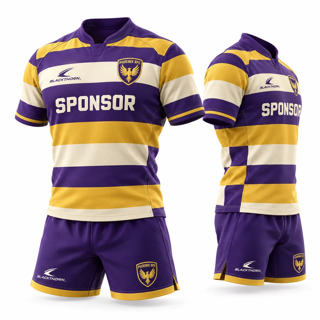 Regal Triple-Hoop Rugby Kit — purple / gold / cream hoops custom rugby kit made to order by Blackthorn World