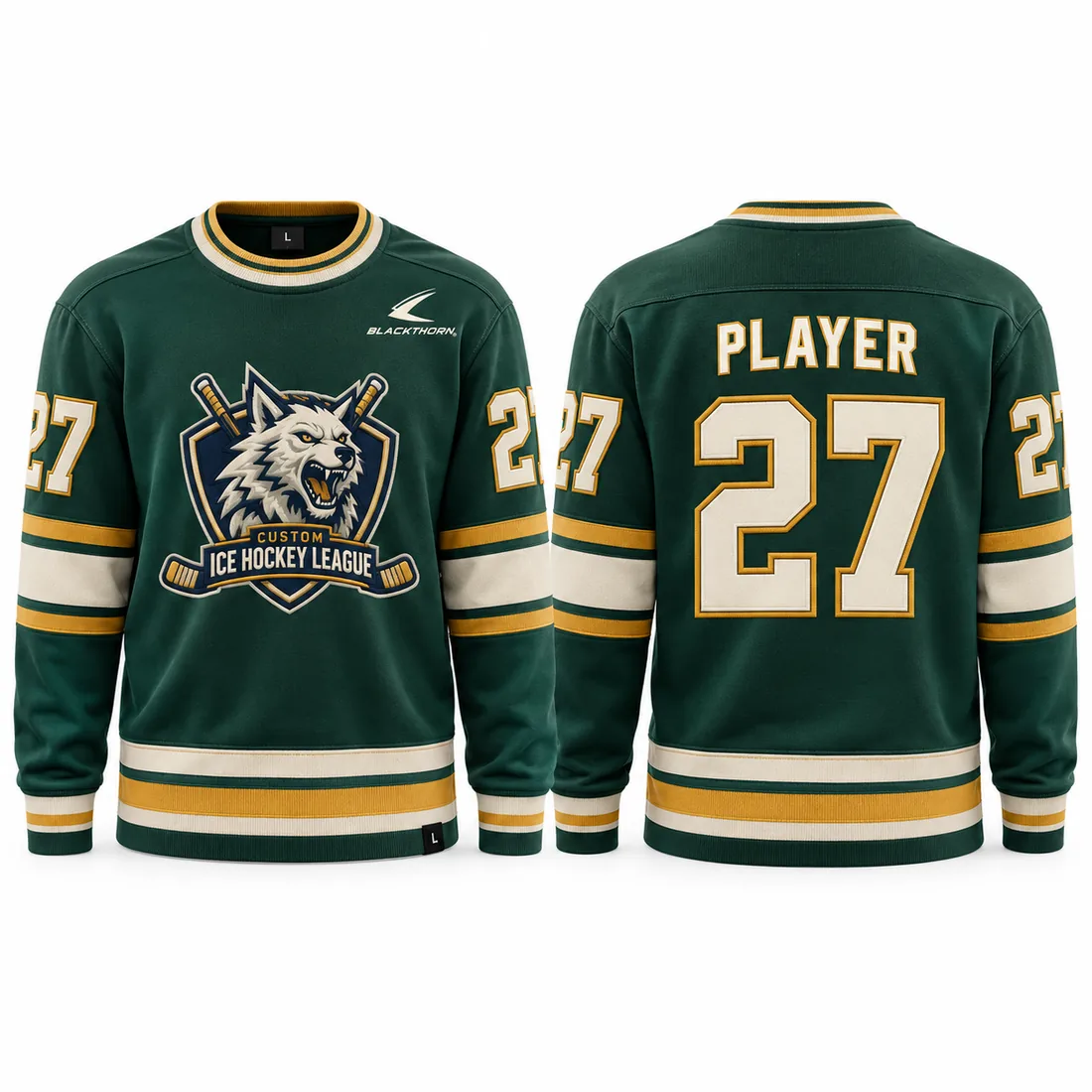 Chandail de hockey réplique pour partisans aux couleurs du club, vert et or — devant et dos
