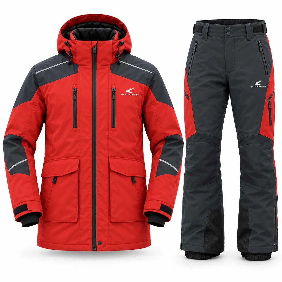 Rescue Red Ski Patrol Uniform — custom ski patrol jacket and pants in rescue red and graphite, made to order by Blackthorn World