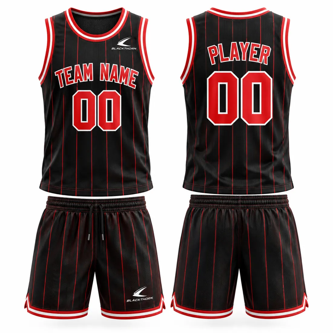 Retro Pinstripe Basketball Uniform Set — custom retro pinstripe basketball uniform made to order by Blackthorn World — black / red pinstripe
