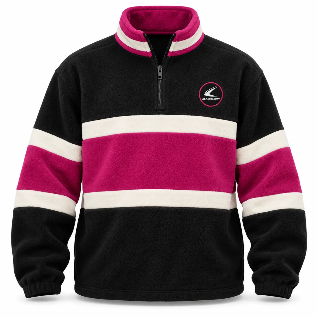 Retro stripe polar fleece half-zip in black with magenta and cream chest stripes, made to order by Blackthorn World