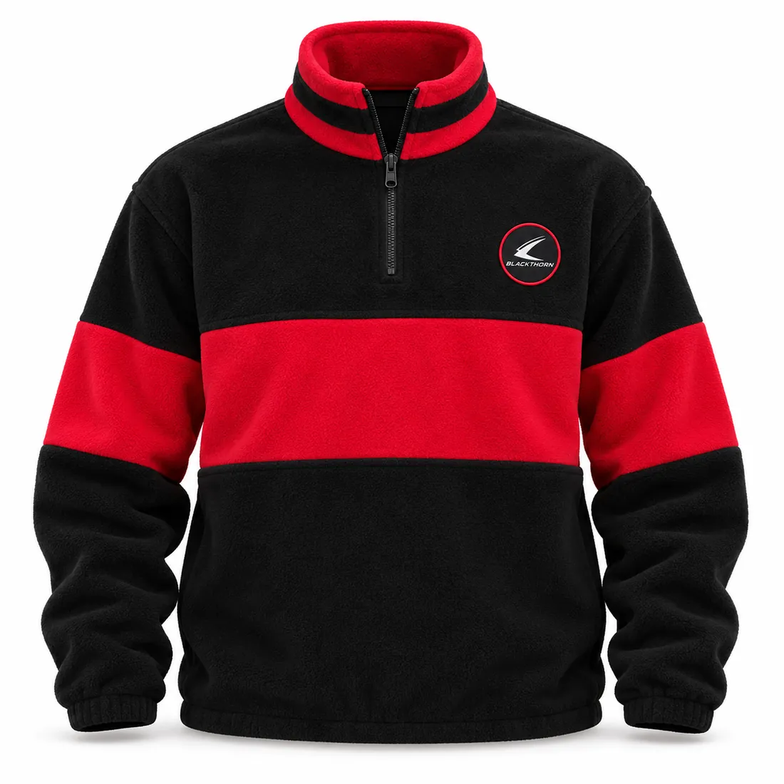Retro chest-band polar fleece half-zip in black with a red chest band and collar, made to order by Blackthorn World