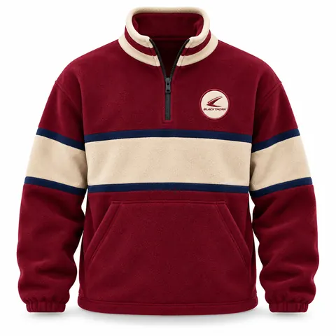 Retro Kangaroo-Pocket Polar Fleece Half-Zip — Burgundy & Sand — custom polar fleece by Blackthorn World