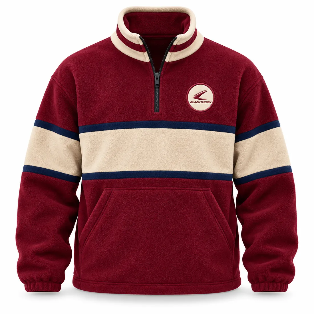 Retro polar fleece half-zip in burgundy with a sand and navy striped chest band and kangaroo pocket, made to order by Blackthorn World