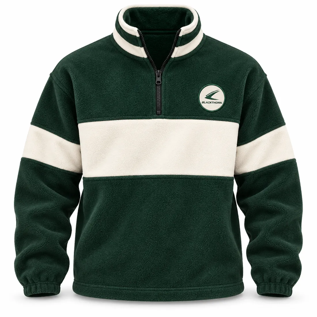 Retro polar fleece half-zip in forest green with an ivory chest band and collar, made to order by Blackthorn World