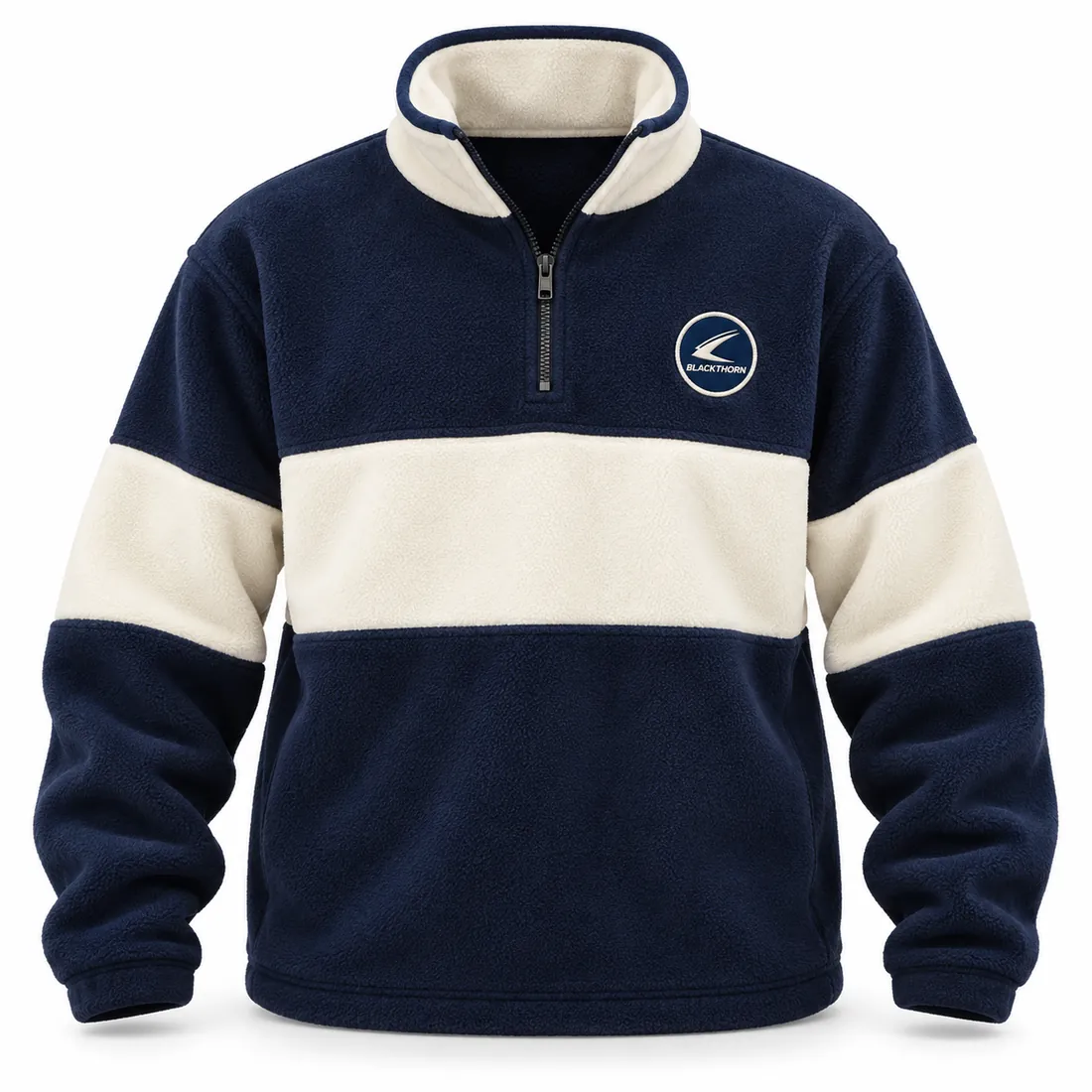 Retro polar fleece half-zip in navy with an ivory chest band and collar, made to order by Blackthorn World