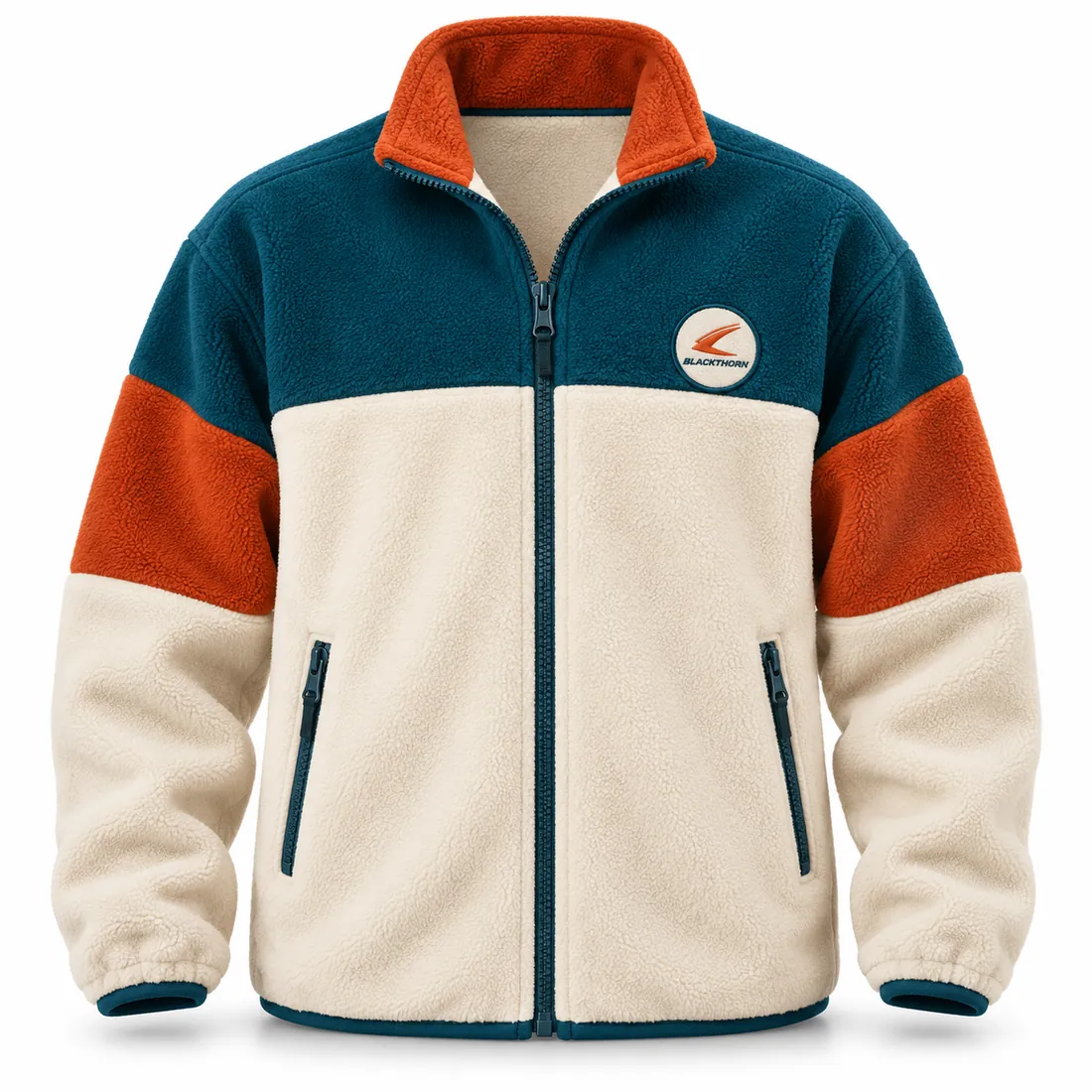 Retro high-pile full-zip fleece jacket in oatmeal with teal yoke and rust sleeve panels, made to order by Blackthorn World